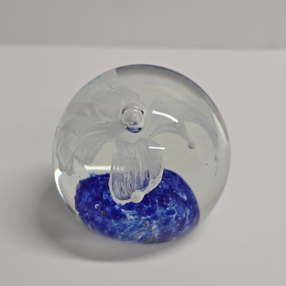 Glass Lily Paperweight Blue White Controlled Bubble Art Glass Decor
